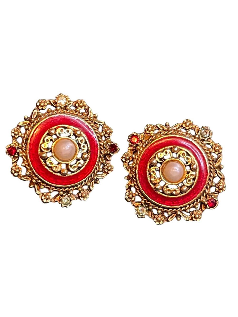 Vintage Florenza Victorian Revival Red Enamel Faux Pearl Ornate Clip On Earrings